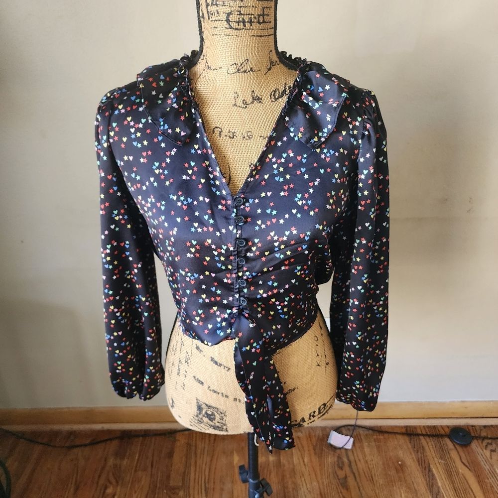 Topshop Satin Crop Top Heart Star Print Ruffle Collar Tie Front Blouse Size 2